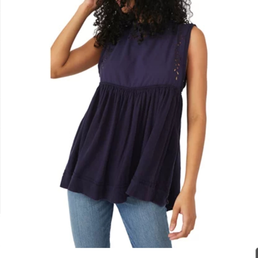 Free People Navy Blue Sleeveless Babydoll Tank Top